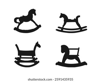 wooden rocking horse silhouette set. Set of Rocking Horse Silhouette Illustrations. Vector Illustration. Flat vector related icon for web and mobile applications. silhouette on a white background.