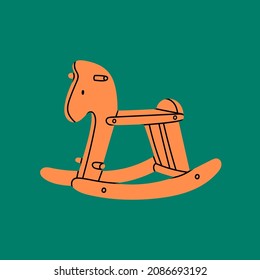 Wooden rocking Horse. Toy for kids. Childhood, children games, preschool activities concept. Baby shower design element. Hand drawn Vector illustration. Isolated on green. Logo, icon, print template