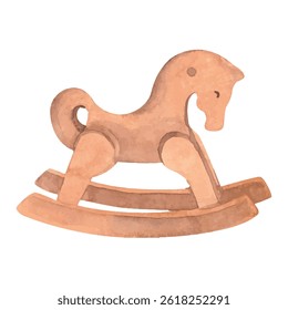 Wooden Rocking Horse Watercolor baby toy. Hand drawn watercolor illustration of Riding pony. Funny animal for kid game in vintage style. Retro drawing on isolated background for children.