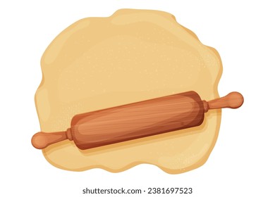 El alfiler de madera con masa y harina manejan equipo culinario en forma de caricatura aislado sobre fondo blanco. Roller texturado de madera, utensil, receta de panadería.