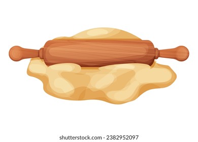 Wooden rolling pin with dough and flour handle culinary equipment in cartoon style isolated on white background. Wood textured roller, utensil, baker recipe.