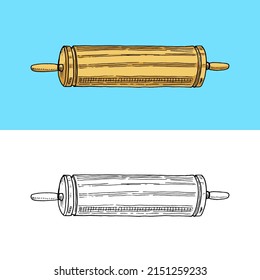 Wooden Rolling pin for dough. Hand drawn sketch in vintage doodle style.