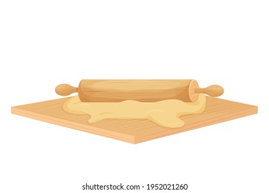 Wooden Rolling pin and dough isolated on white background in cartoon style stock vector illustration. Detailed and textured object.