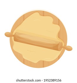 Wooden Rolling pin and dough isolated on white background in cartoon style stock vector illustration. Detailed and textured object.