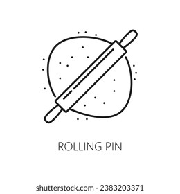 Wooden rolling pin and dough isolated outline icon. Vector wheat dough for pizza or bread and pin, bakery food product, homemade pie