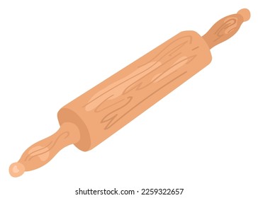 Wooden Rolling Pin for rolling dough. Kitchen accessories. Hand drawn vector illustration. Suitable for website, stickers, postcards.