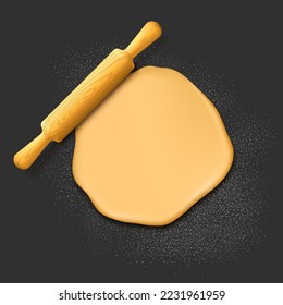 Wooden rolling pin and dough vector. Bakery and pastry culinary illustration. Kneading for pizza cook or bread, cookie baking. Homemade cookery or restaurant gourmet cuisine recipe