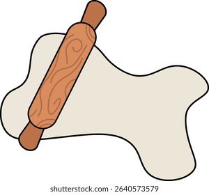 A wooden rolling pin flattening a piece of dough. The rolling pin has a decorative swirl pattern, adding a charming, rustic aesthetic to the design.

