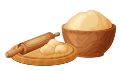 Wooden Rolling Pin With Fresh Raw Dough For Bakind. Cartoon Homemade Tasty Bread. Flour In Bowl Or Bag, Organic Product. Vector Illustration Isolated On White Background