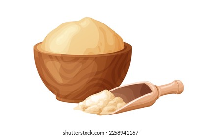 Wooden rolling pin with fresh raw dough for bakind. Cartoon homemade tasty bread. Flour in bowl or bag, organic product. Vector illustration isolated on white background