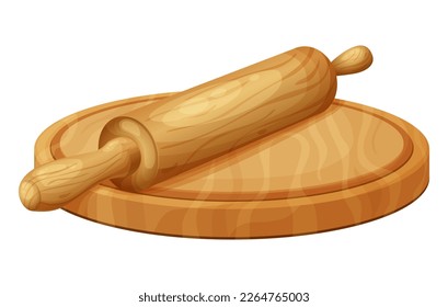 Wooden rolling pin with fresh raw dough for bakind. Cartoon homemade tasty bread. Flour in bowl or bag, organic product. Vector illustration isolated on white background.