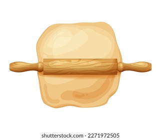 Wooden rolling pin with fresh raw dough for bakind. Cartoon homemade tasty bread. Flour in bowl or bag, organic product. Vector illustration isolated on white background
