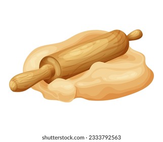 Wooden rolling pin with fresh raw dough for bakind. Cartoon homemade tasty bread. Flour in bowl or bag, organic product. Vector illustration isolated on white background