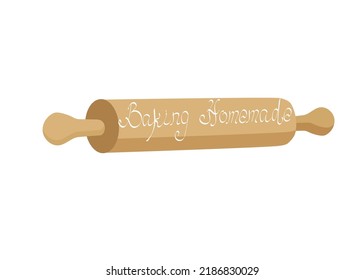 Wooden rolling pin with an inscription, kitchen utensils. Dough preparation and home baking. Logo, badge vector illustration. Shop design, bakery, confectionery.