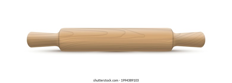 Wooden rolling pin isolted on white background. Vector realistic wood kitchen utensils design element