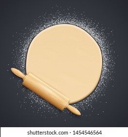 Wooden rolling pin and kneading dough with flour. Concept design for baking, pizza, cookie, biscuit, bread. Dark background. Eps10 vector illustration.