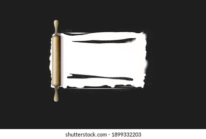 Wooden rolling pin and kneading dough with flour. Concept design for baking, pizza, cookie, biscuit, bread. Dark background.