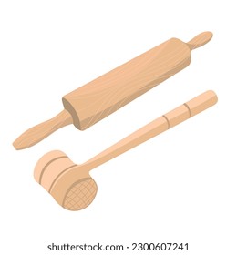 Wooden rolling pin and meat hammer on white background