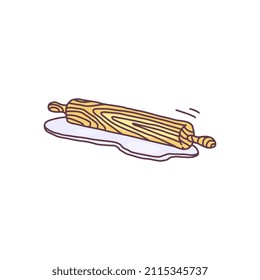 Wooden rolling pin on dough, colored doodle style vector illustration isolated on white background. Kitchen cooking and baking utensil, rolling cylinder pin.