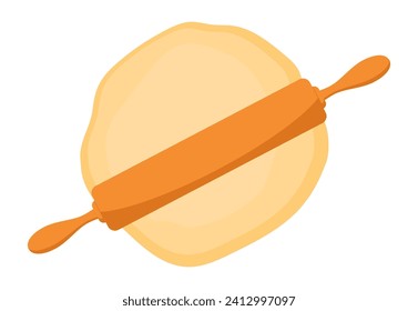 Wooden rolling pin on the dough. Rolling out the dough with a rolling pin. Vector illustration