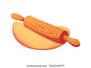 Wooden rolling pin on flattened dough representing cooking process and food preparation for baking. Cartoon vector culinary, recipe, and kitchen theme empathizes tradition and homemade food creation