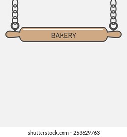 Wooden rolling pin plunger hanging on chain. Bakery signboard Flat design Vector illustration