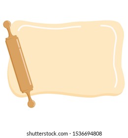Wooden rolling pin and rolled dough icon flat design cartoon style isolated on white background. Vector Illustration kitchen tool closeup, template with empty space for graphic design.