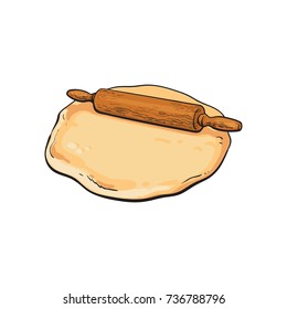 Wooden rolling pin, roller and flattened dough, sketch style vector illustration isolated on white background. Hand drawn wooden rolling pin, roller used to flatten dough, cooking process