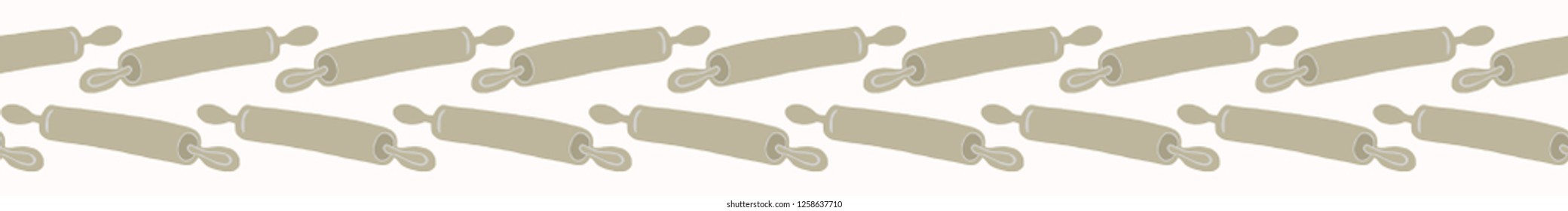 Wooden Rolling Pin Seamless Vector Border. Hand Drawn Illustration of Handmade Pasta or Flour Dough Roller Drawing for Cookery Class Blog, Bakery Equipment Packaging. Simple Tool on White Banner