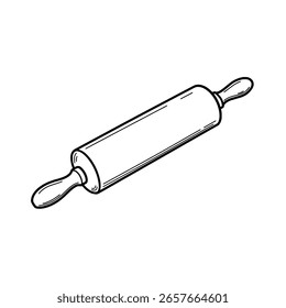 Holzrollstift in einer einfachen 3D-isometrischen Linien-Zeichnung. Eine minimalistische Ikone eines Küchengerätes zum Backen, Teig oder einer Bäckerei.