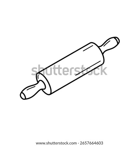 Wooden rolling pin in a simple 3D isometric line art drawing. A minimalist icon of a kitchen utensil for baking, dough, or a bakery.