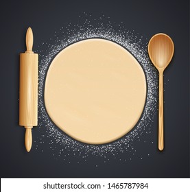 Wooden rolling pin, spoon and kneading dough with flour. Concept design for baking, pizza, cookie, biscuit, bread. Dark background. Eps10 vector illustration.