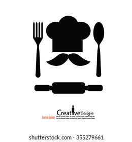 Wooden rolling pin,spoon,fork  and chef icon. Isolated on white background.vector illustration.
