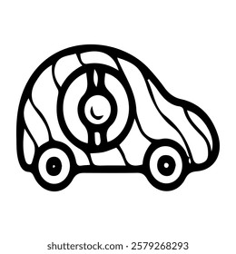 Wooden rolling toy car for baby. Hand drawn doodle. Teaching newborn to roll and hold an object. Educational games for children. Childhood. Vector line art illustration.