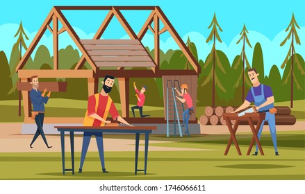 Wooden roof builders. Professional carpenters team making building handyman and craftsman working vector cartoon house background