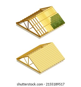 Wooden roof frame covering with tile. Residential building under construction vector illustration