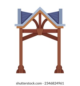 Wooden roof or gateway on white background. Bower or shelter for park or city cartoon illustration. Park or garden elements. Landscape design concept