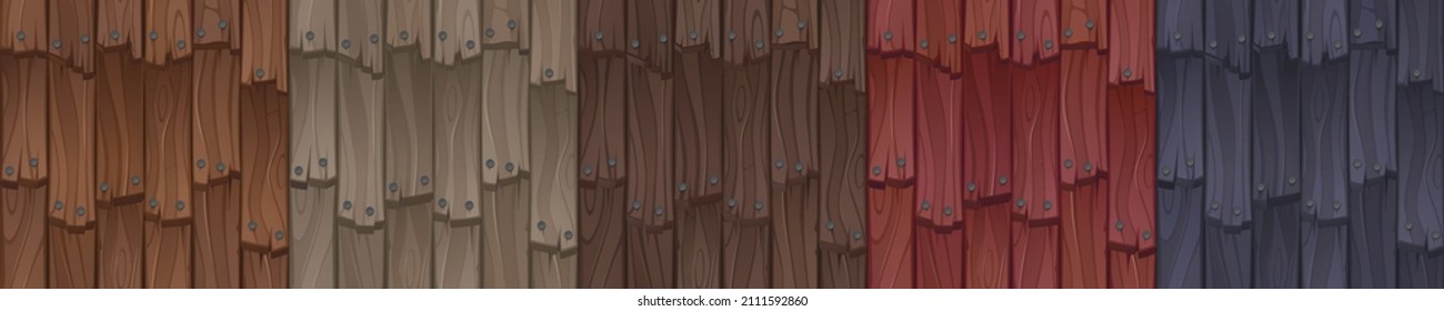 Wooden roof texture for game, cartoon wood tiles seamless pattern. House roofing materials, textured overlap of red, brown, beige and black colors. Dwelling exterior design elements Vector set