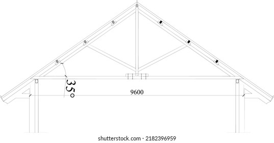 wooden roof truss with a span of almost ten meters with a slope of 35 degrees