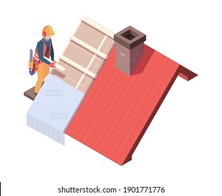 Wooden roofing. Builders renovation skyscrapers carpentry architect roof vector isometric