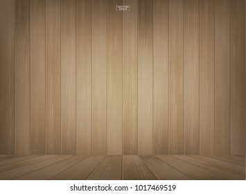 Wooden room space background with perspective wooden floor. Vintage interior background with wood pattern and texture. Vector illustration.
