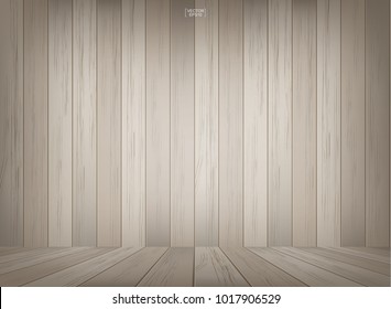 Wooden room space background with perspective wooden floor. Vintage interior background with wood pattern and texture. Vector illustration.
