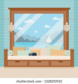 Wooden room window frame with book and pillows in cartoon flat style. Window scene with a summer view of sea, sailboat, clouds, mountains, summer or spring landscape. Vector background illustration.