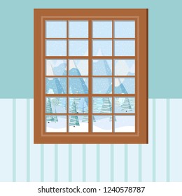 Wooden room window frame in cartoon flat style. Christmas window with a view of the snowy forest, winter landscape. Vector illustration.