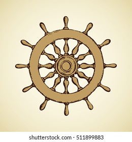 Wooden rough obsolete ornate big circle schooner shipswheel isolated on white backdrop. Freehand outline ink hand drawn picture sketchy in retro scribble style pen on paper. Closeup view