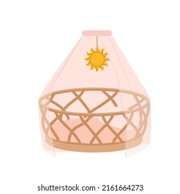 Wooden round basket cradle with pink cover for newborn baby girl vector illustration. Cartoon cute hanging and rocking bed with sun toy for healthy sleep of infant kid in bedroom isolated on white
