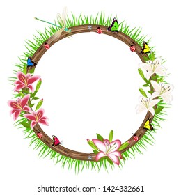 Wooden round board flowers and insects