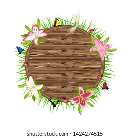 Wooden round board lilies and insects