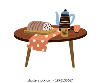 Wooden round coffee table with teapot, tea cup and cake for cozy home interior design. Modern stylish homey rustic wood furniture. Colored flat vector illustration isolated on white background