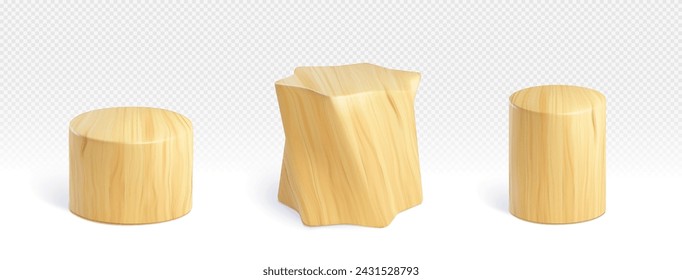 Wooden round cylinder and star shaped product podium of different height and angle of view on transparent background. Realistic vector presentation platform of light wood. Natural material pedestal.